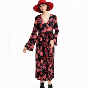 Nobody’s Child boho Floral Long Sleeve vneck midi Dress Size 4